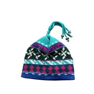 VTG  Tassel Wool Beanie Ski Blue Fair Isle Igloo EVG